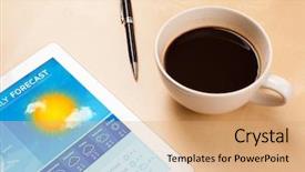  Presentation with forecast - Beautiful presentation theme featuring tablet pc showing weather forecast backdrop and a coral colored foreground