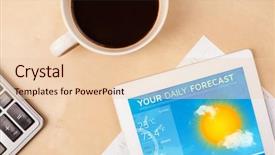  Presentation with cup coffee - Colorful slide deck enhanced with tablet pc showing weather backdrop and a lemonade colored foreground