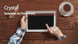  Presentation with hands holding black tablet - Slides having tablet pc with blank screen background and a tawny brown colored foreground
