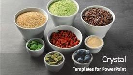  Presentation with smudge bowls sticks - Slide deck with tablet powders - composition with assortment of superfood background and a dark gray colored foreground