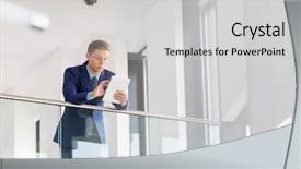  Presentation with digital technology and urbanization - Slide deck with tablet while leaning on railing background and a  colored foreground