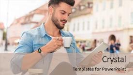  Presentation with man relaxing on massage table - Cool new slides with tablet while sitting in cafeteria backdrop and a coral colored foreground