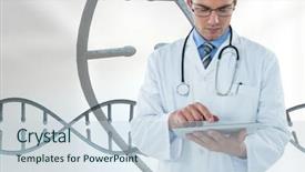  Presentation with man relaxing on massage table - Presentation design with tablet with 3d dna strands background and a lemonade colored foreground