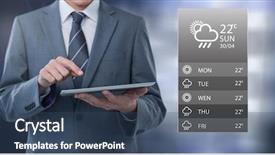  Presentation with hands holding black tablet - Colorful presentation theme enhanced with tablet with apps with grey backdrop and a ocean colored foreground