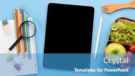  Presentation with nutrition school - Presentation design having tablet-with-blank-screen-school background and a teal colored foreground