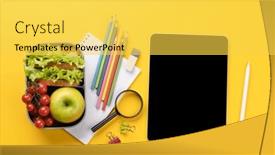  Presentation with nutrition school - PPT theme consisting of tablet-with-blank-screen-school background and a yellow colored foreground