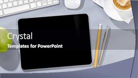  Presentation with business office desk - PPT theme enhanced with tablet-with-blank-screen background and a black colored foreground