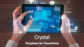 Presentation with hands holding - PPT theme featuring tablet with blue business-statistics background and a tawny brown colored foreground