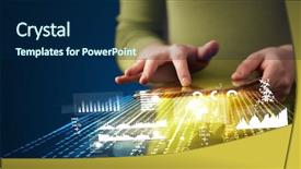  Presentation with tablet - Cool new PPT theme with tablet with business market graphs backdrop and a navy blue colored foreground