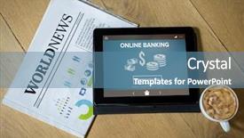  Presentation with digital banking - PPT theme having tablet with coffee and newspaper background and a teal colored foreground