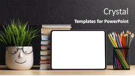  Presentation with stack books - PPT theme enhanced with tablet-with-colorful-pencils background and a dark gray colored foreground