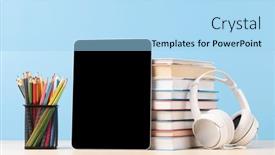  Presentation with stack books - Slide set consisting of tablet-with-colorful-pencils background and a light blue colored foreground