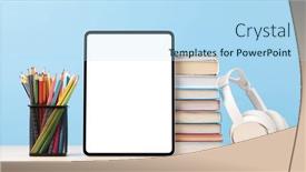  Presentation with stack books - PPT theme having tablet-with-colorful-pencils background and a light blue colored foreground