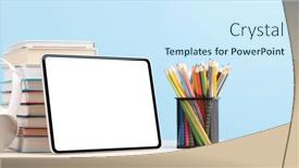  Presentation with stack-books - Presentation having tablet-with-colorful-pencils background and a sky blue colored foreground