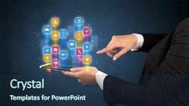  Presentation with elegant - Cool new PPT theme with tablet with colourful application icons backdrop and a tawny brown colored foreground