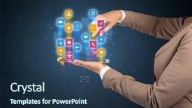  Presentation with application - Presentation design consisting of tablet with colourful application icons background and a ocean colored foreground