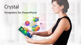  Presentation with young business woman smile show - Colorful slides enhanced with tablet with colourful pie chart backdrop and a white colored foreground