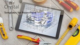  Presentation with construction tools - Audience pleasing slide deck consisting of tablet with construction tools and 3d house plan concept backdrop and a mint green colored foreground