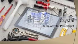  Presentation with construction tools - Presentation design enhanced with tablet with construction tools and 3d house plan concept background and a light blue colored foreground