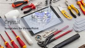  Presentation with set of construction tools tool - Cool new slide deck with tablet-with-construction-tools backdrop and a light blue colored foreground
