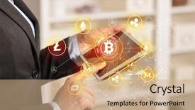  Presentation with bitcoin network - Colorful presentation theme enhanced with tablet with cryptocurrency bitcoin link backdrop and a coral colored foreground
