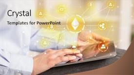  Presentation with bitcoin network - PPT layouts with tablet with cryptocurrency bitcoin link background and a lemonade colored foreground
