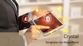  Presentation with bitcoin network - Presentation featuring tablet with cryptocurrency bitcoin link background and a coral colored foreground