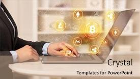  Presentation with bitcoin network - Amazing presentation having tablet with cryptocurrency bitcoin link backdrop and a coral colored foreground