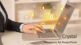  Presentation with bitcoin network - Amazing PPT theme having tablet with cryptocurrency bitcoin link backdrop and a coral colored foreground