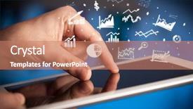  Presentation with business report - Colorful presentation theme enhanced with tablet with online business report backdrop and a coral colored foreground