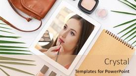  Presentation with video training - Colorful presentation theme enhanced with tablet with online training video for professional makeup artist and cosmetic on white background backdrop and a coral colored foreground