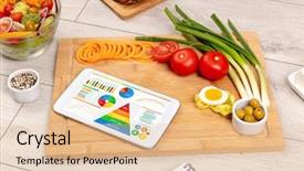  Presentation with healthy eating - Slide deck featuring tablet with several dieting statistics background and a  colored foreground