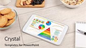  Presentation with healthy eating - Colorful PPT layouts enhanced with tablet with several dieting statistics backdrop and a  colored foreground