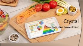  Presentation with healthy eating - PPT theme with tablet with several dieting statistics background and a coral colored foreground
