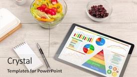  Presentation with healthy eating - PPT theme consisting of tablet with several dieting statistics background and a lemonade colored foreground