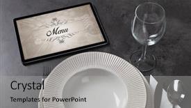  Presentation with restaurant - Amazing PPT layouts having tablet with stylish restaurant logo backdrop and a light gray colored foreground