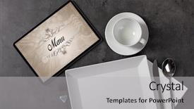  Presentation with restaurant menu - Amazing presentation theme having tablet with stylish restaurant logo backdrop and a light gray colored foreground