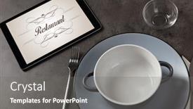 Presentation with sb logo - Cool new PPT theme with tablet with stylish restaurant logo and laid table backdrop and a gray colored foreground