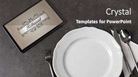  Presentation with restaurant - Audience pleasing presentation theme consisting of tablet-with-stylish-restaurant-logo backdrop and a dark gray colored foreground