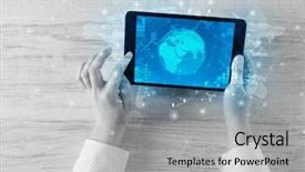  Presentation with tablet - Amazing slide set having hand touching tablet with worldwide backdrop and a light gray colored foreground