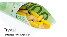  Presentation with pharmaceutical tablets - PPT layouts enhanced with tablets and one hundred euro banknote symbolic photo cost of medicine and drugs in the pharmaceutical industry background and a white colored foreground