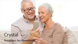  Presentation with senior couple - Colorful presentation theme enhanced with tablets cell phones - family technology age and people backdrop and a coral colored foreground