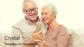 Presentation with senior couple - Audience pleasing PPT theme consisting of tablets cell phones - family technology age and people backdrop and a coral colored foreground