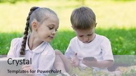  Presentation with children - Presentation theme with tablets cell phones - happy children using tablet pc background and a lemonade colored foreground