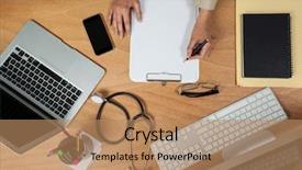  Presentation with rubrics for writing - PPT theme having tablets cell phones medical - close-up of businesswoman writing background and a  colored foreground