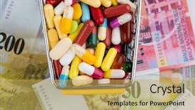  Presentation with health insurance - Amazing PPT theme having franc symbol photo for drugs backdrop and a yellow colored foreground