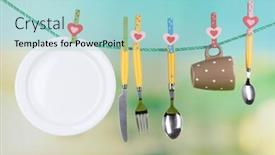  Presentation with tableware - PPT theme enhanced with tableware dried on rope on natural background background and a light blue colored foreground