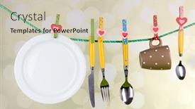  Presentation with tableware - PPT layouts enhanced with tableware dried on rope on bright background background and a soft green colored foreground