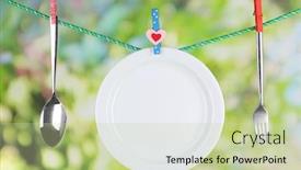  Presentation with tableware - Slide deck having tableware dried on rope on natural background background and a mint green colored foreground