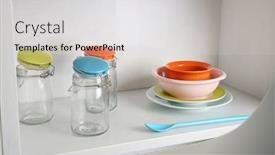  Presentation with tableware - Theme consisting of tableware on shelf in the kitchen cupboard background and a light gray colored foreground